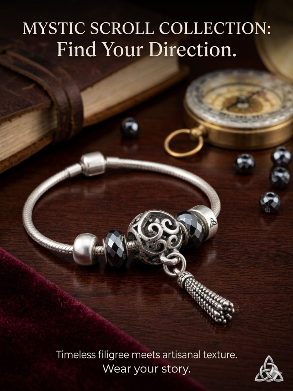 Mystic Scroll Silver Filigree Bracelet with Black Accents